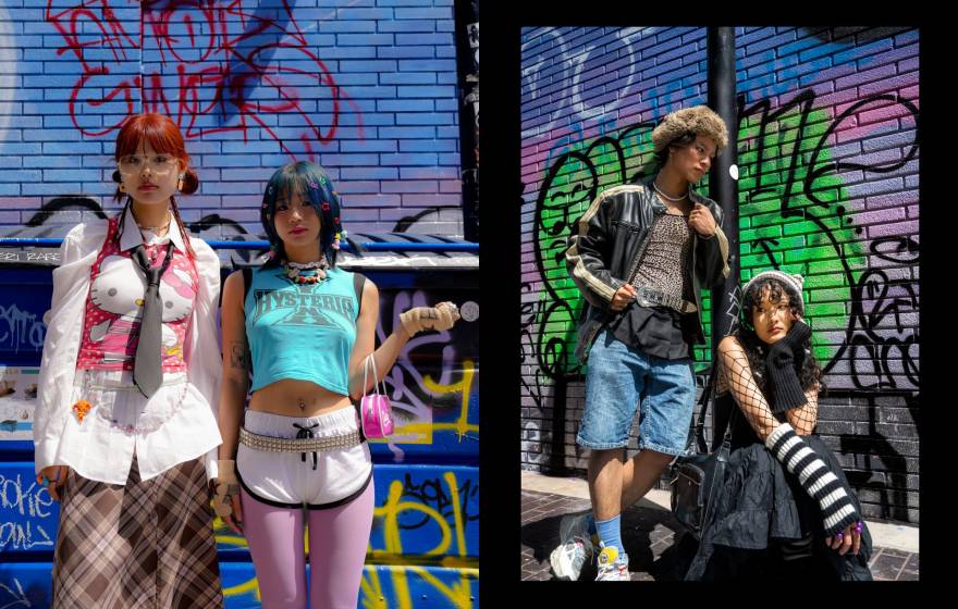 2-photo collage. Photo on left is of 2 young women looking at camera with cool looks on their faces. Woman on left wears Hello Kitty top and black necktie over a white blouse and a brown plaid skirt. Woman on right wears chunky necklace, teal crop tanktop, white shorts, pink tights, small purse. Photo on right: 2 young people pose for camera. Person on left leans against wall, wearing black leather jacket, leopard print shirt, knee-length jeans. Person on right wears hat, fishnet shirt, skirt, arm warmers