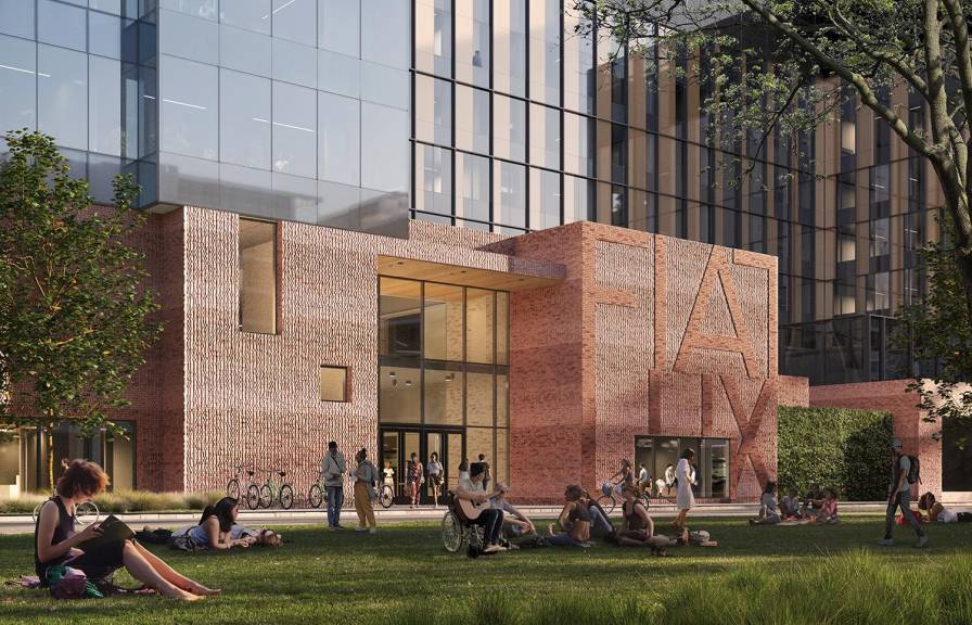 Rendering of a courtyard with students sitting in the grass and modern glass buildings in the background. There is a brick building with the words "Fiat Lux". 