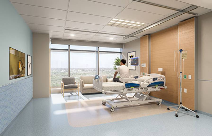Rendering of a modern hospital room with a patient sitting on a bed. 