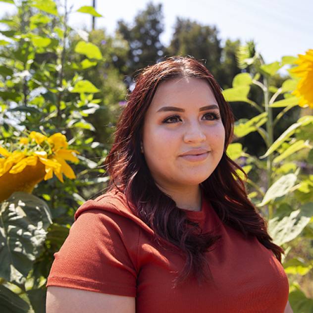 Incomiing transfer student Elizabeth Cardenas in a field of sunflowers